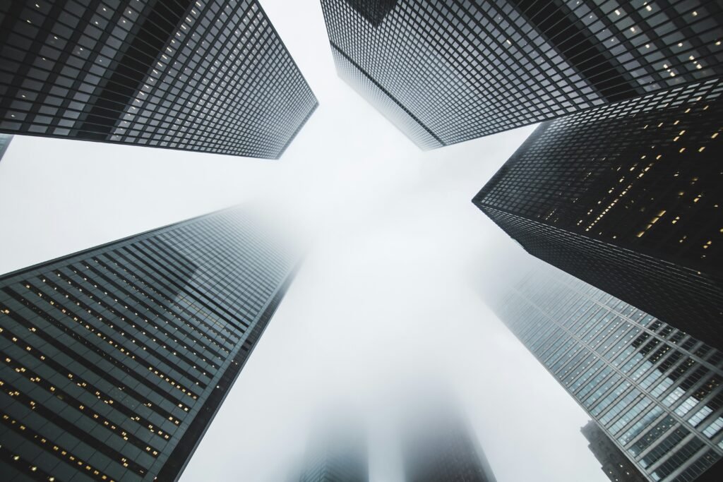 Picture of skyscrapers taken from below looking up